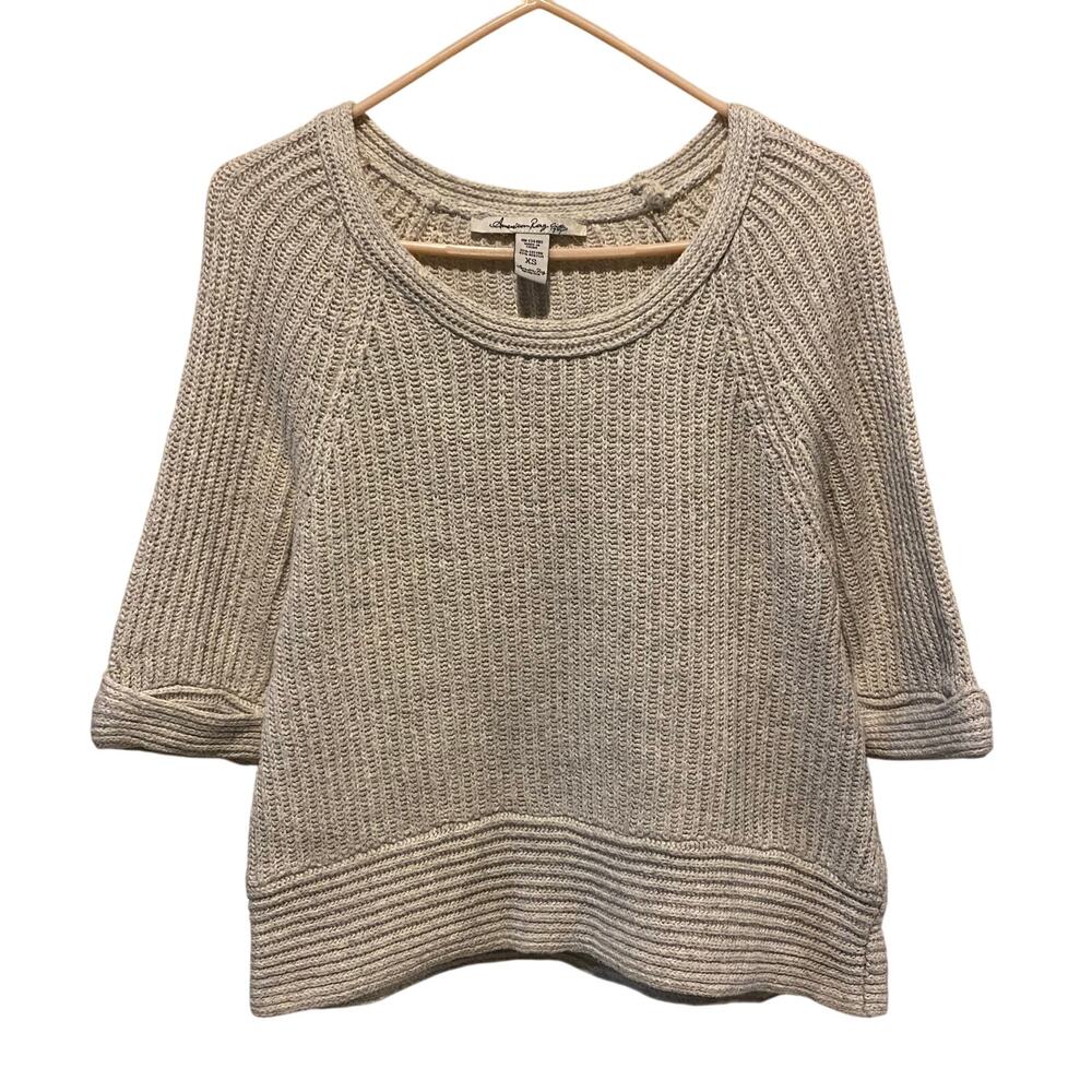 American Rag Cropped Knit Sweater XS Gray Half Sleeve Boxy Preppy Cottage